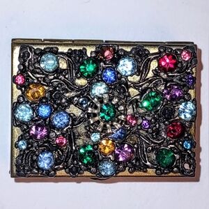 Mid Century Pill Box Case Jeweled Brass